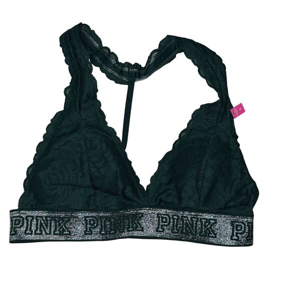 Victorias Secret PINK Small Lace Bralette Halter Bra Glitter Logo Dark Green NEW - Picture 1 of 5